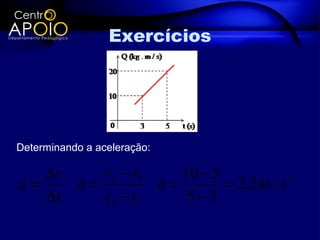 Exercícios




Determinando a aceleração:

   ∆v    v2 − v1     10 − 5
a=    a=          a=        = 2,5m / s 2

   ∆t    t 2 − t1     5−3
 