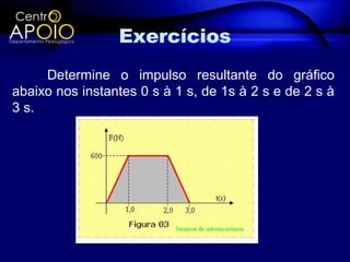 Exercícios
     Determine o impulso resultante do gráfico
abaixo nos instantes 0 s à 1 s, de 1s à 2 s e de 2 s à
3 s.
 