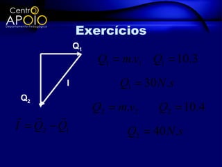 Exercícios
              Q1
                    Q1 = m.v1 Q1 = 10.3
          I             Q1 = 30 N .s
 Q2
                   Q2 = m.v2    Q2 = 10.4
       
I = Q2 − Q1              Q2 = 40 N .s
 