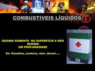 COMBUSTIVEIS LÍQUIDOSCOMBUSTIVEIS LÍQUIDOS
QUEIMA SOMENTE NA SUPERFÍCIE E NÃO
QUEIMA
EM PROFUNDIDADE
Ex: Gasolina, acetona, éter, álcool.....
 