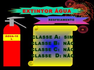 CLASSE A: SIM
CLASSE B: NÃO
CLASSE C: NÃO
CLASSE D: NÃO
EXTINTOR ÁGUA
ÁGUA-10
L
RESFRIAMENTO
 