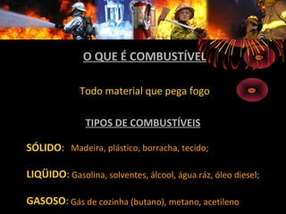 TIPOS DE COMBUSTÍVEISTIPOS DE COMBUSTÍVEIS
SÓLIDO:
LIQÜIDO:
GASOSO:
Madeira, plástico, borracha, tecido;
Gasolina, solventes, álcool, água ráz, óleo diesel;
Gás de cozinha (butano), metano, acetileno
O QUE É COMBUSTÍVELO QUE É COMBUSTÍVEL
Todo material que pega fogo
 