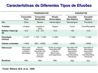 Características de Diferentes Tipos de Efusões Fonte: Willard, M.D. et al., 1999. TRANSUDATOS EXSUDATOS Transudato Puro Transudato Modificado Efusão Hemorrágica Exsudato Não-Séptico Exsudato Séptico Cor Turbidez Sólidos Totais  (g/dl) Densidade (céls/ µ l) Células nucleadas Diferencial Bactérias Clara Límpido <2,5 <1.017 <1000 Mono (céls mesoteliais Linfócitos Macrófagos Não Seroso Límpido a turvo 2,5 – 5,0 1.107 – 1.025 500 – 10000 Macrof Mesoteliais Neutrófilos ND Hemáceas (poucas) Linfócitos Não Hemorrágico Opaco >3,0 >1.025 >1000 Similar ao sangue Neutrófilos ND Linfócitos Macróf agos (eritrofagocitose) Não Serosanguin Turvo >30 >1.025 >5000 Neutrófilos ND Macrófagos (fagocitando bactérias) Céls Mesoteliais Hemáceas Não Purulento Turvo/floculento >2,5 >1.025 >5000 Neutrófilos D Macrófagos (fagocitando bactérias) Céls Mesoteliais Hemáceas Sim 