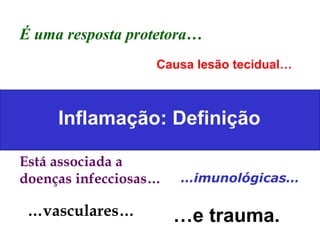 Inflamação: Definição É uma resposta protetora… Causa lesão tecidual… Está associada a doenças infecciosas… … imunológicas… … vasculares… … e trauma. 