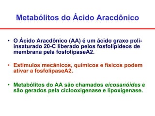Metabólitos do Ácido Aracdônico O Ácido Aracdônico (AA) é um ácido graxo poli-insaturado 20-C liberado pelos fosfolipídeos de membrana pela fosfolipaseA2. Estímulos mecânicos, químicos e físicos podem ativar a fosfolipaseA2. Metabólitos do AA são chamados  eicosanóides  e são gerados pela ciclooxigenase e lipoxigenase. 
