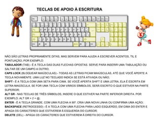 TECLAS DE APOIO À ESCRITURA




NÃO SÃO LETRAS PROPRIAMENTE DITAS, MAS SERVEM PARA AJUDA A ESCREVER ACENTOS, TIL E
PONTUAÇÃO, POR EXEMPLO:
TABULADOR (TAB) - É A TECLA DAS DUAS FLECHAS OPOSTAS. SERVE PARA INSERIR UMA TABULAÇÃO OU
SALTAR DE UM CAMPO A OUTRO;
CAPS LOCK (BLOQUEAR MAIÚSCULAS) - TODAS AS LETRAS FICAM MAIÚSCULAS, ATÉ QUE VOCÊ APERTE A
TECLA NOVAMENTE. UMA LUZ NO TECLADO INDICA SE ESTÁ ATIVADA OU NÃO;
SHIFT - É A TECLA COM UMA SETA PARA CIMA. SE VOCÊ APERTA SHIFT E UMA LETRA, ELA É ESCRITA EM
LETRA MAIÚSCULA. SE FOR UMA TECLA COM VÁRIOS SÍMBOLOS, SERÁ ESCRITO O QUE ESTIVER NA PARTE
SUPERIOR;
ALT GR - NAS TECLAS DE TRÊS SÍMBOLOS, INSERE O QUE ESTIVER NA PARTE INFERIOR DIREITA. POR
EXEMPLO: ALT GR + 2 = @;
ENTER - É A TECLA GRANDE, COM UMA FLECHA A 90º. CRIA UMA NOVA LINHA OU CONFIRMA UMA AÇÃO;
BACKSPACE (RETROCESSO) - É A TECLA COM UMA FLECHA PARA LADO ESQUERDO, EM CIMA DO ENTER E
APAGA OS CARACTERES QUE ESTIVEREM À ESQUERDA DO CURSOR;
DELETE (DEL) - APAGA OS CARACTERES QUE ESTIVEREM À DIREITA DO CURSOR.
 