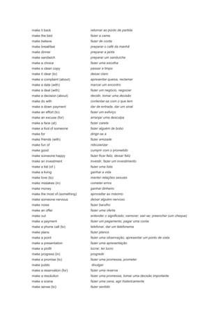 make it back                   retornar ao ponto de partida
make the bed                   fazer a cama
make believe                   fazer de conta
make breakfast                 preparar o café da manhã
make dinner                    preparar a janta
make sandwich                  preparar um sanduíche
make a choice                  fazer uma escolha
make a clean copy              passar a limpo
make it clear (to)             deixar claro
make a complaint (about)       apresentar queixa, reclamar
make a date (with)             marcar um encontro
make a deal (with)             fazer um negócio, negociar
make a decision (about)        decidir, tomar uma decisão
make do with                   contentar-se com o que tem
make a down payment            dar de entrada, dar um sinal
make an effort (to)            fazer um esforço
make an excuse (for)           arranjar uma desculpa
make a face (at)               fazer careta
make a fool of someone         fazer alguém de bobo
make for                       dirigir-se a
make friends (with)            fazer amizade
make fun of                    ridicularizar
make good                      cumprir com o prometido
make someone happy             fazer ficar feliz, deixar feliz
make an investment             investir, fazer um investimento
make a list (of )              fazer uma lista
make a living                  ganhar a vida
make love (to)                 manter relações sexuais
make mistakes (in)             cometer erros
make money                     ganhar dinheiro
make the most of (something)   aproveitar ao máximo
make someone nervous           deixar alguém nervoso
make noise                     fazer barulho
make an offer                  fazer uma oferta
make out                       entender o significado; namorar; sair-se; preencher (um cheque)
make a payment                 fazer um pagamento, pagar uma conta
make a phone call (to)         telefonar, dar um telefonema
make plans                     fazer planos
make a point                   fazer uma observação, apresentar um ponto de vista
make a presentation            fazer uma apresentação
make a profit                  lucrar, ter lucro
make progress (in)             progredir
make a promise (to)            fazer uma promessa, prometer
make public                    divulgar
make a reservation (for)       fazer uma reserva
make a resolution              fazer uma promessa, tomar uma decisão importante
make a scene                   fazer uma cena, agir histericamente
make sense (to)                fazer sentido
 