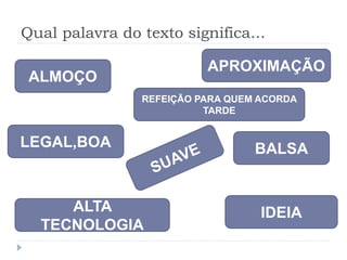 Qual palavra do texto significa...
ALMOÇO
REFEIÇÃO PARA QUEM ACORDA
TARDE
LEGAL,BOA
APROXIMAÇÃO
BALSA
IDEIAALTA
TECNOLOGIA
 