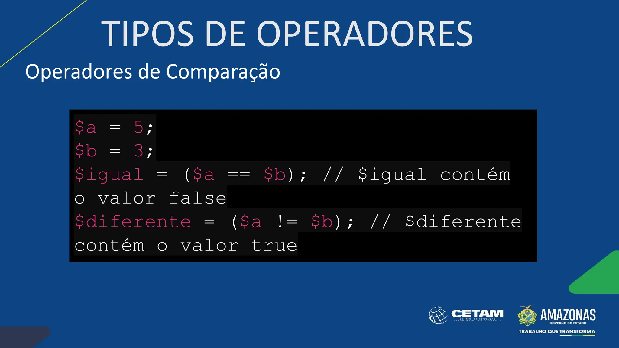 TIPOS DE OPERADORES
Operadores de Comparação
$a = 5;
$b = 3;
$igual = ($a == $b); // $igual contém
o valor false
$diferente = ($a != $b); // $diferente
contém o valor true
 