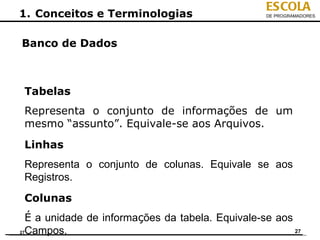 ESCOLA
1. Conceitos e Terminologias                      DE PROGRAMADORES




Banco de Dados



Tabelas
Representa o conjunto de informações de um
mesmo “assunto”. Equivale-se aos Arquivos.
Linhas
Representa o conjunto de colunas. Equivale se aos
Registros.
Colunas
  É a unidade de informações da tabela. Equivale-se aos
27Campos.                                               27
 