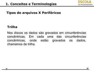 ESCOLA
1. Conceitos e Terminologias                  DE PROGRAMADORES




Tipos de arquivos X Periféricos



 Trilha
 Nos discos os dados são gravados em circunferências
 concêntricas. Em cada uma das circunferências
 concêntricas, onde estão gravados os dados,
 chamamos de trilha.




30                                                     30
 