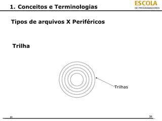 ESCOLA
1. Conceitos e Terminologias                DE PROGRAMADORES




Tipos de arquivos X Periféricos



 Trilha




                                  Trilhas




31                                                   31
 