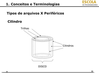 ESCOLA
1. Conceitos e Terminologias               DE PROGRAMADORES




Tipos de arquivos X Periféricos

 Cilindro

        Trilhas




                               Cilindros




                  DISCO
33                                                  33
 