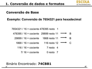 ESCOLA
1. Conversão de dados e formatos                   DE PROGRAMADORES




Conversão de Base

 Exemplo: Conversão de 7654321 para hexadecimal


     7654321 / 16 = cociente 478395 resto 1
      478395 / 16 = cociente 29899 resto 11    B
       29899 / 16 = cociente   1868 resto 11   B
        1868 / 16 = cociente    116 resto 12   C
         116 / 16 = cociente      7 resto 4
            7/ 16 = cociente      0 resto 7



Binário Encontrado: 74CBB1
47                                                          47
 