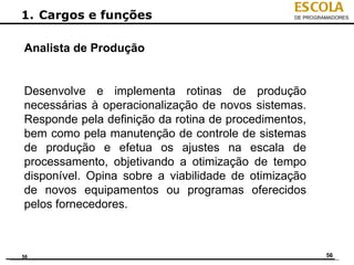 ESCOLA
1. Cargos e funções                             DE PROGRAMADORES




Analista de Produção


Desenvolve e implementa rotinas de produção
necessárias à operacionalização de novos sistemas.
Responde pela definição da rotina de procedimentos,
bem como pela manutenção de controle de sistemas
de produção e efetua os ajustes na escala de
processamento, objetivando a otimização de tempo
disponível. Opina sobre a viabilidade de otimização
de novos equipamentos ou programas oferecidos
pelos fornecedores.



56                                                       56
 