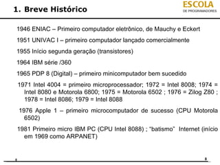 ESCOLA
1. Breve Histórico                                             DE PROGRAMADORES




1946 ENIAC – Primeiro computador eletrônico, de Mauchy e Eckert
1951 UNIVAC I – primeiro computador lançado comercialmente
1955 Início segunda geração (transistores)
1964 IBM série /360
1965 PDP 8 (Digital) – primeiro minicomputador bem sucedido
    1971 Intel 4004 = primeiro microprocessador; 1972 = Intel 8008; 1974 =
      Intel 8080 e Motorola 6800; 1975 = Motorola 6502 ; 1976 = Zilog Z80 ;
      1978 = Intel 8086; 1979 = Intel 8088
    1976 Apple 1 – primeiro microcomputador de sucesso (CPU Motorola
      6502)
    1981 Primeiro micro IBM PC (CPU Intel 8088) ; “batismo” Internet (início
      em 1969 como ARPANET)


8                                                                        8
 