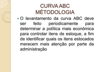 CURVA ABC
            MÉTODOLOGIA
   O levantamento da curva ABC deve
    ser    feito    periodicamente     para
    determinar a política mais econômica
    para controlar itens de estoque, a fim
    de identificar quais os itens estocados
    merecem mais atenção por parte da
    administração
 