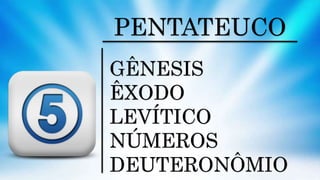 PENTATEUCO
GÊNESIS
ÊXODO
LEVÍTICO
NÚMEROS
DEUTERONÔMIO
 