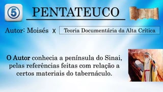 PENTATEUCO
Autor: Moisés Teoria Documentária da Alta Crítica
O Autor conhecia a península do Sinai,
pelas referências feitas com relação a
certos materiais do tabernáculo.
X
 