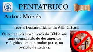 PENTATEUCO
Autor: Moisés
Teoria Documentária da Alta Crítica
Os primeiros cinco livros da Bíblia são
uma compilação de documentos
redigidos, em sua maior parte, no
período de Esdras.
 