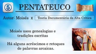 PENTATEUCO
Autor: Moisés Teoria Documentária da Alta Crítica
Moisés usou genealogias e
tradições escritas
X
Há alguns acréscimos e retoques
de palavras arcaicas.
 