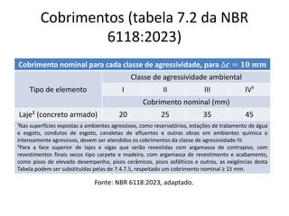 Cobrimentos (tabela 7.2 da NBR
6118:2023)
Cobrimento nominal para cada classe de agressividade, para ∆𝒄 = 𝟏𝟎 𝒎𝒎
Tipo de elemento
Classe de agressividade ambiental
I II III IV¹
Cobrimento nominal (mm)
Laje² (concreto armado) 20 25 35 45
¹Nas superfícies expostas a ambientes agressivos, como reservatórios, estações de tratamento de água
e esgoto, condutos de esgoto, canaletas de efluentes e outras obras em ambientes química e
intensamente agressivos, devem ser atendidos os cobrimentos da classe de agressividade IV.
²Para a face superior de lajes e vigas que serão revestidas com argamassa de contrapiso, com
revestimentos finais secos tipo carpete e madeira, com argamassa de revestimento e acabamento,
como pisos de elevado desempenho, pisos cerâmicos, pisos asfálticos e outros, as exigências desta
Tabela podem ser substituídas pelas de 7.4.7.5, respeitado um cobrimento nominal ≥ 15 mm.
Fonte: NBR 6118:2023, adaptado.
 