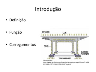 Introdução
• Definição
• Função
• Carregamentos
Disponível em:
https://www.facebook.com/engenhariacasaconstrucao/photos/a.5624
29744181450/595666130857811/?type=3
 