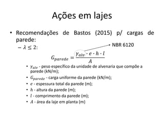 Ações em lajes
• Recomendações de Bastos (2015) p/ cargas de
parede:
– 𝜆 ≤ 2:
𝐺𝑝𝑎𝑟𝑒𝑑𝑒 =
𝛾𝑎𝑙𝑣 ∙ 𝑒 ∙ ℎ ∙ 𝑙
𝐴
• 𝛾𝑎𝑙𝑣 - peso específico da unidade de alvenaria que compõe a
parede (kN/m3);
• 𝐺𝑝𝑎𝑟𝑒𝑑𝑒 - carga uniforme da parede (kN/m2);
• 𝑒 - espessura total da parede (m);
• ℎ - altura da parede (m);
• 𝑙 - comprimento da parede (m);
• 𝐴 - área da laje em planta (m2)
NBR 6120
 