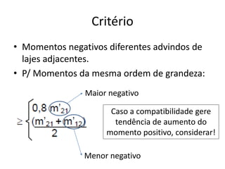 Critério
• Momentos negativos diferentes advindos de
lajes adjacentes.
• P/ Momentos da mesma ordem de grandeza:
Caso a compatibilidade gere
tendência de aumento do
momento positivo, considerar!
Maior negativo
Menor negativo
 
