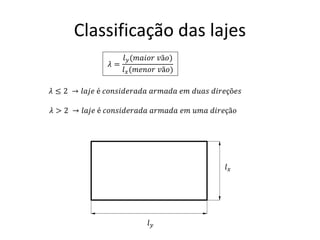 Classificação das lajes
𝜆 =
𝑙𝑦(𝑚𝑎𝑖𝑜𝑟 𝑣ã𝑜)
𝑙𝑥(𝑚𝑒𝑛𝑜𝑟 𝑣ã𝑜)
𝜆 ≤ 2 → 𝑙𝑎𝑗𝑒 é 𝑐𝑜𝑛𝑠𝑖𝑑𝑒𝑟𝑎𝑑𝑎 𝑎𝑟𝑚𝑎𝑑𝑎 𝑒𝑚 𝑑𝑢𝑎𝑠 𝑑𝑖𝑟𝑒çõ𝑒𝑠
𝜆 > 2 → 𝑙𝑎𝑗𝑒 é 𝑐𝑜𝑛𝑠𝑖𝑑𝑒𝑟𝑎𝑑𝑎 𝑎𝑟𝑚𝑎𝑑𝑎 𝑒𝑚 𝑢𝑚𝑎 𝑑𝑖𝑟𝑒çã𝑜
𝑙𝑦
𝑙𝑥
 