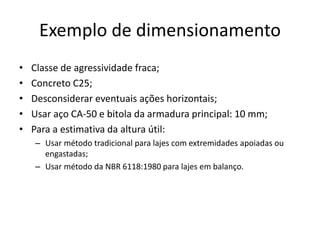 Exemplo de dimensionamento
• Classe de agressividade fraca;
• Concreto C25;
• Desconsiderar eventuais ações horizontais;
• Usar aço CA-50 e bitola da armadura principal: 10 mm;
• Para a estimativa da altura útil:
– Usar método tradicional para lajes com extremidades apoiadas ou
engastadas;
– Usar método da NBR 6118:1980 para lajes em balanço.
 