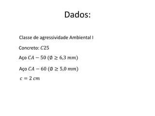 Concreto: 𝐶25
Aço 𝐶𝐴 − 50 (∅ ≥ 6,3 𝑚𝑚)
Aço 𝐶𝐴 − 60 (∅ ≥ 5,0 𝑚𝑚)
𝑐 = 2 𝑐𝑚
Classe de agressividade Ambiental I
Dados:
 