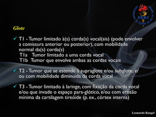 Leonardo Rangel
Glote
! T1 - Tumor limitado à(s) corda(s) vocal(ais) (pode envolver
a comissura anterior ou posterior), com mobilidade
normal da(s) corda(s) 
T1a   Tumor limitado a uma corda vocal 
T1b  Tumor que envolve ambas as cordas vocais
! T2 - Tumor que se estende à supraglote e/ou subglote, e/
ou com mobilidade diminuída da corda vocal
! T3 - Tumor limitado à laringe, com ﬁxação da corda vocal
e/ou que invade o espaço para-glótico, e/ou com erosão
mínima da cartilagem tireóide (p. ex., córtex interna)
 