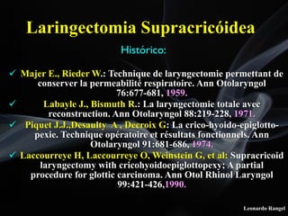 Leonardo Rangel
Laringectomia Supracricóidea
! Majer E., Rieder W.: Technique de laryngectomie permettant de
conserver la permeabilité respiratoire. Ann Otolaryngol
76:677-681, 1959.
! Labayle J., Bismuth R.: La laryngectomie totale avec
reconstruction. Ann Otolaryngol 88:219-228, 1971.
! Piquet J.J.,Desaulty A , Decroix G: La crico-hyoido-epiglotto-
pexie. Technique opératoire et résultats fonctionnels. Ann
Otolaryngol 91:681-686, 1974.
! Laccourreye H, Laccourreye O, Weinstein G, et al: Supracricoid
laryngectomy with cricohyoidoepiglottopexy; A partial
procedure for glottic carcinoma. Ann Otol Rhinol Laryngol
99:421-426,1990.
Histórico:
 