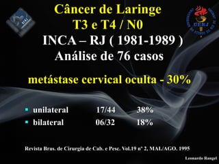 Leonardo Rangel
metástase cervical oculta - 30%
# unilateral 17/44 38%
# bilateral 06/32 18%
Revista Bras. de Cirurgia de Cab. e Pesc. Vol.19 nº 2, MAI./AGO. 1995
Câncer de Laringe
T3 e T4 / N0 
INCA – RJ ( 1981-1989 ) 
Análise de 76 casos
 