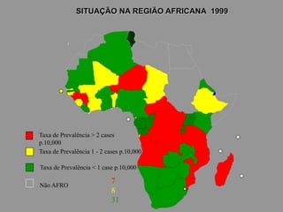 Taxa de Prevalência 1 - 2 cases p.10,000
Taxa de Prevalência < 1 case p.10,000
Não AFRO
Taxa de Prevalência > 2 cases
p.10,000
SITUAÇÃO NA REGIÃO AFRICANA 1999
7
8
31
 