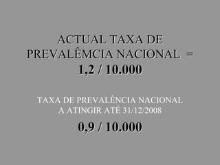 ACTUAL TAXA DE
PREVALÊMCIA NACIONAL =
1,2 / 10.000
TAXA DE PREVALÊNCIA NACIONAL
A ATINGIR ATÉ 31/12/2008
0,9 / 10.000
 