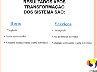 RESULTADOS APÓS
                         TRANSFORMAÇÃO
                         DOS SISTEMA SÃO:

            Bens                                        Serviços
      • Tangíveis                                    • Intangíveis
      • Podem ser estocados                          • Não podem ser estocados

      • Nenhuma interação entre cliente e processo   • Interação direta entre cliente e processo




1-6
 