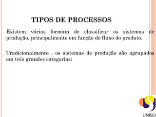 TIPOS DE PROCESSOS
Existem várias formam de classificar os sistemas de
produção, principalmente em função do fluxo do produto.

Tradicionalmente , os sistemas de produção são agrupados
em três grandes categorias:
 