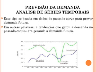 PREVISÃO DA DEMANDA
         ANÁLISE DE SÉRIES TEMPORAIS
 Este tipo se baseia em dados do passado serve para prever
  demanda futura.
 Em outras palavras, a tendências que gerou a demanda no
  passado continuará gerando a demanda futura.
 