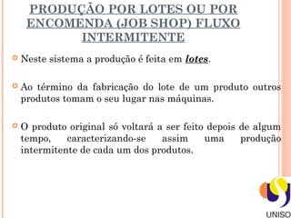 PRODUÇÃO POR LOTES OU POR
     ENCOMENDA (JOB SHOP) FLUXO
           INTERMITENTE
   Neste sistema a produção é feita em lotes.

   Ao término da fabricação do lote de um produto outros
    produtos tomam o seu lugar nas máquinas.

   O produto original só voltará a ser feito depois de algum
    tempo,    caracterizando-se    assim     uma     produção
    intermitente de cada um dos produtos.
 