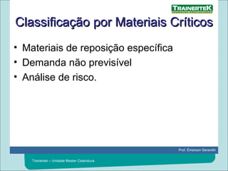 Classificação por Materiais Críticos Materiais de reposição específica Demanda não previsível Análise de risco. 