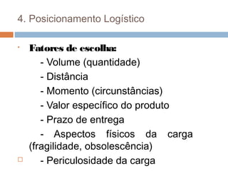 4. Posicionamento Logístico
• Fatores de escolha:
- Volume (quantidade)
- Distância
- Momento (circunstâncias)
- Valor específico do produto
- Prazo de entrega
- Aspectos físicos da carga
(fragilidade, obsolescência)
 - Periculosidade da carga
 