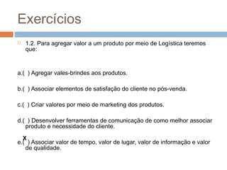 Exercícios
 1.2. Para agregar valor a um produto por meio de Logística teremos
que:
a.( ) Agregar vales-brindes aos produtos.
b.( ) Associar elementos de satisfação do cliente no pós-venda.
c.( ) Criar valores por meio de marketing dos produtos.
d.( ) Desenvolver ferramentas de comunicação de como melhor associar
produto e necessidade do cliente.
e.( ) Associar valor de tempo, valor de lugar, valor de informação e valor
de qualidade.
X
 
