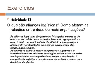 Exercícios
 Atividade II
O que são alianças logísticas? Como afetam as
relações entre duas ou mais organizações?
As alianças logísticas são parcerias feitas pelas empresas de
uma mesma cadeia de suprimentos buscando agregar valor e
reduzir custos operacionais de distribuição e armazenagem,
oferecendo oportunidades de melhoria na qualidade dos
serviços aos clientes.
As empresas bem sucedidas nas parcerias logísticas e o
reconhecimento da atividade estratégica devem estar alinhadas
aos ingredientes na competência de tempo e localização. A
competência logística é uma forma de conquistar e conservar a
fidelidade do cliente.
 