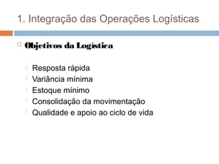 1. Integração das Operações Logísticas
 Objetivos da Logística
 Resposta rápida
 Variância mínima
 Estoque mínimo
 Consolidação da movimentação
 Qualidade e apoio ao ciclo de vida
 