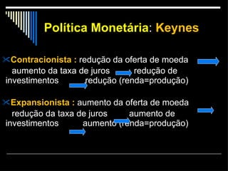Política Monetária :  Keynes Contracionista :  redução da oferta de moeda aumento da taxa de juros  redução de investimentos  redução (renda=produção) Expansionista :  aumento da oferta de moeda  redução da taxa de juros  aumento de investimentos  aumento (renda=produção) 