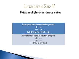 Divisão e multiplicação de números inteiros



  Sinais iguais o sinal do resultado é positivo.
                    +(+)=+
                    –(–)=+
         Ex:(-3)*(-4)=12 (-12)/(-4)=3
 Sinais diferentes o sinal do resultado é negativo.
                     +(–)=–
                     –(+)=–
             Ex:(-3)*4=-12 12/(-4)=-3
 