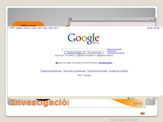 Utilizando
  Paginas web       Utilizando CD s Educativos de Apoyo
      como                       Didáctico
  buscadores:
    altavista,
 google, yahoo,
      nasa,
 profes,net, etc.


                        Utilizando Enciclopedias Multimedia
                      como: encarta, grijalbo, combi, zeta, etc.




Investigación Temática
                                          Profesora Reyna Piña Ugalde
 