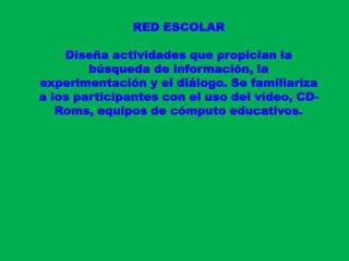RED ESCOLAR Diseña actividades que propician la búsqueda de información, la experimentación y el diálogo. Se familiariza a los participantes con el uso del vídeo, CD-Roms, equipos de cómputo educativos.
